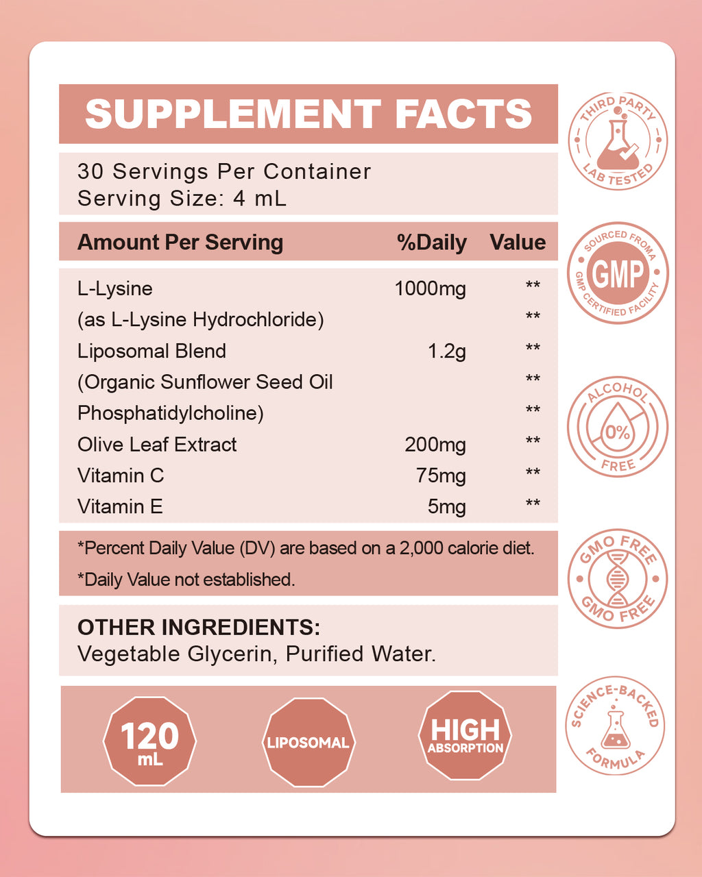 Liposomal L-Lysine 1000mg Liquid Drops-4 fl oz